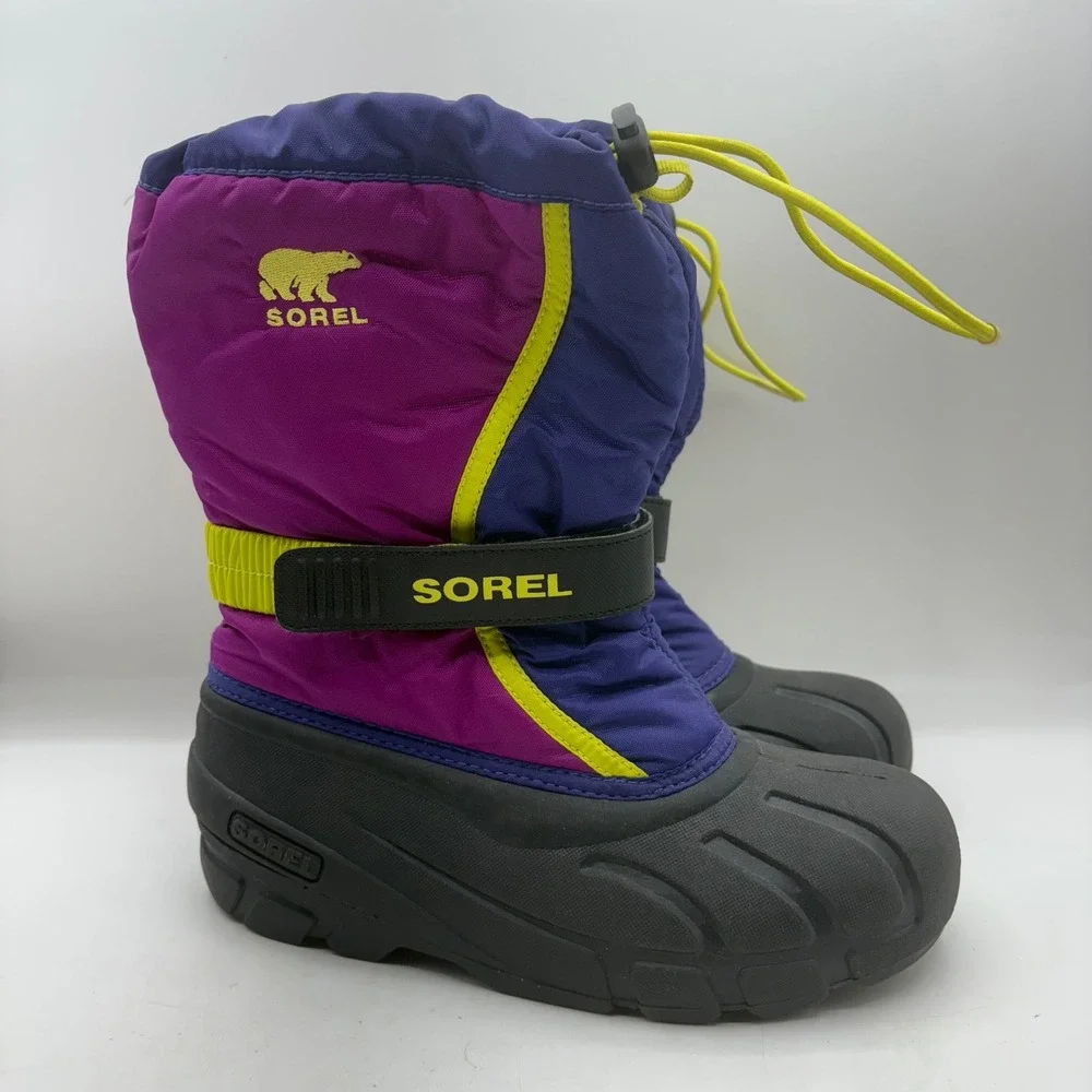 Sorel Flurry Youth Snow Boots Purple Magenta Yellow Size 4 Kids Winter Warm